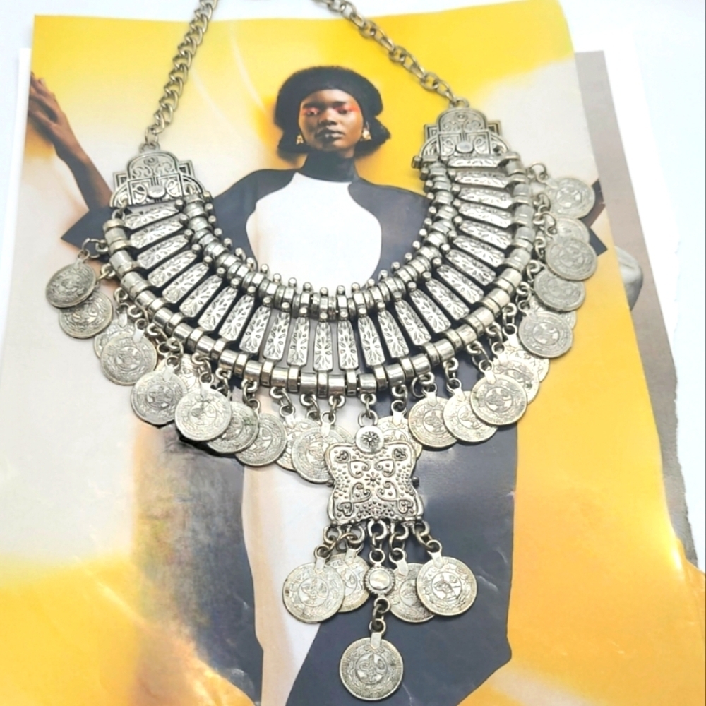 Majestic Huge Runway Artisan Bohemian Coin Mayan Silver Statement Neckla…